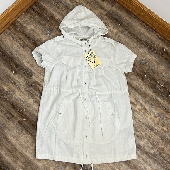 LoveStitch Top Women's Medium Linen Blend Hooded Shacket Short Sleeve Long Line - Picture 14 of 15